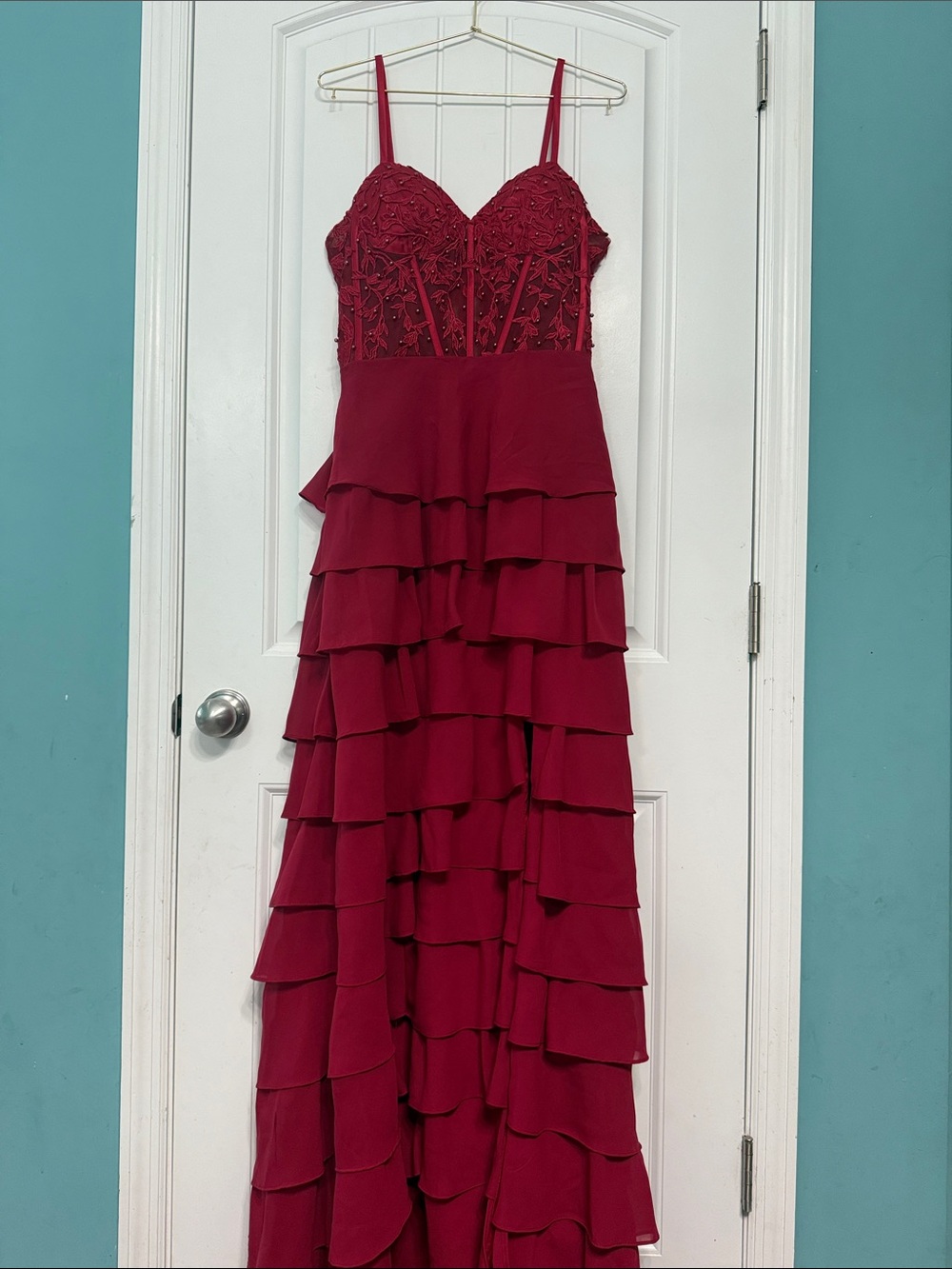 Red Tiered Ruffle Evening Dress - Unbranded